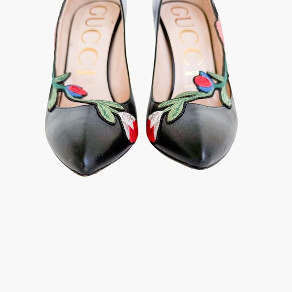 Gucci Ophelia Floral-Embroidered Pump EU 38 US 8 Black Leather High Heel Pointed - Picture 5 of 15